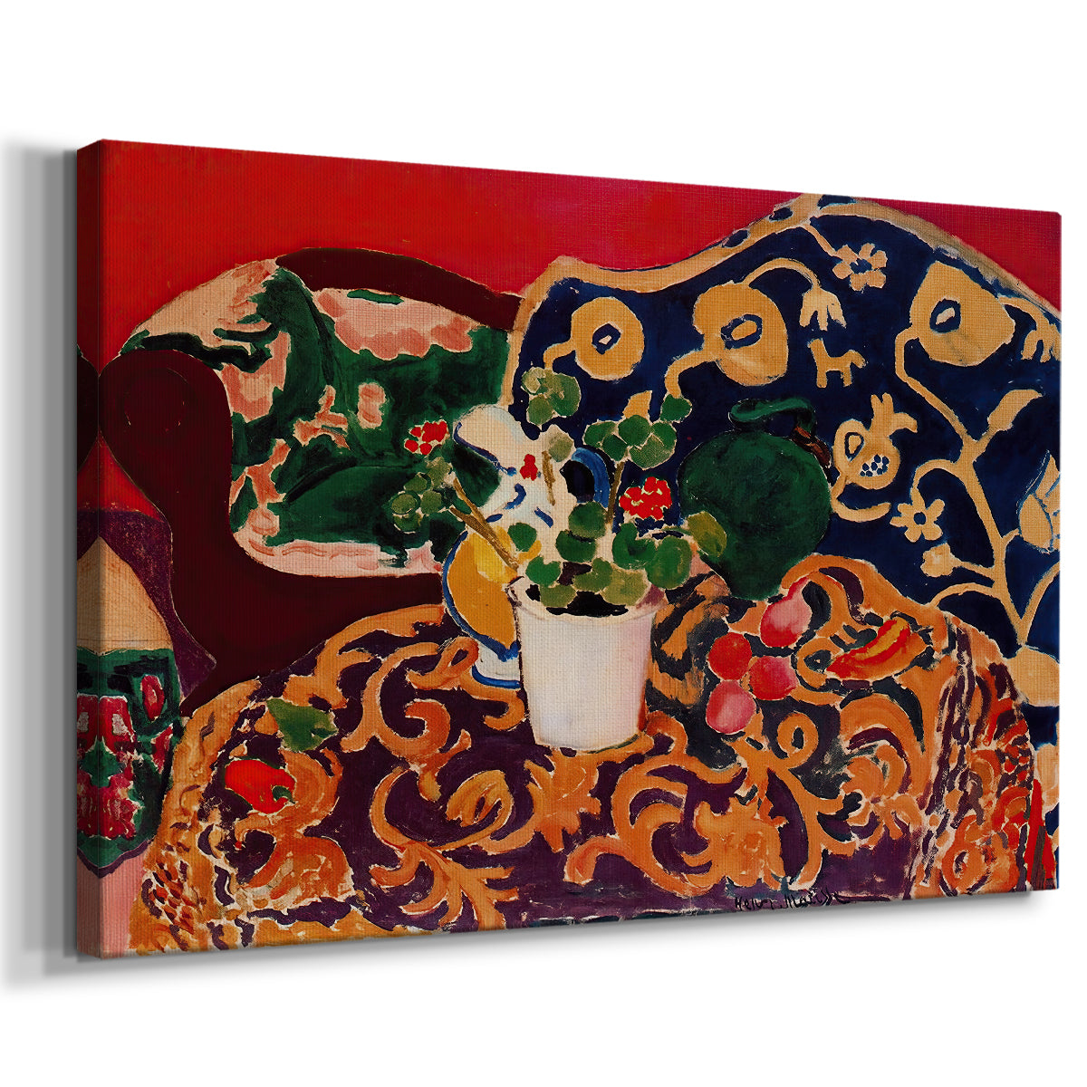 Canvas art print featuring an expressive tabletop arrangement with food and ceramics, displayed at an angle