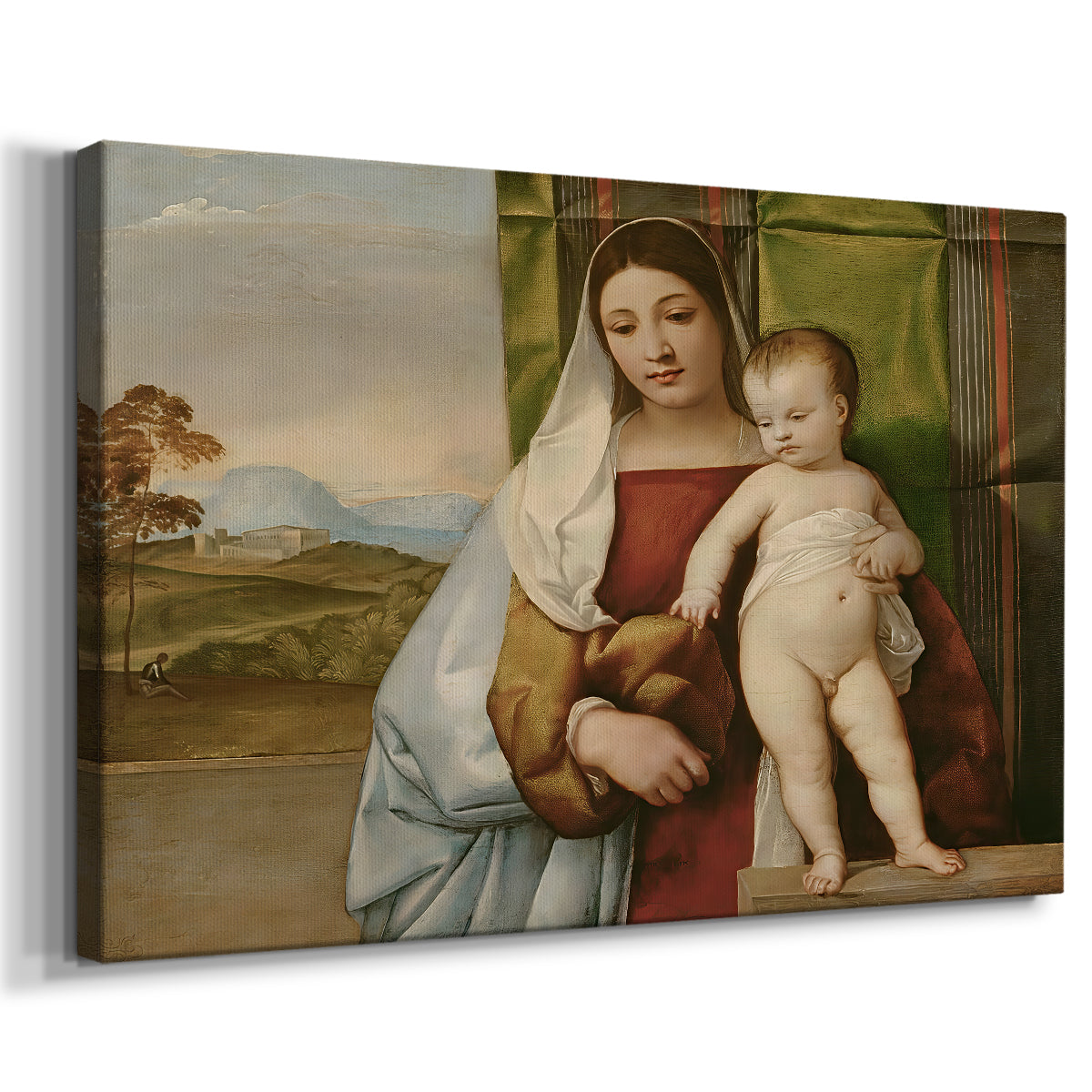 Canvas art print featuring an intimate religious scene with mother and child in natural setting, displayed at an angle