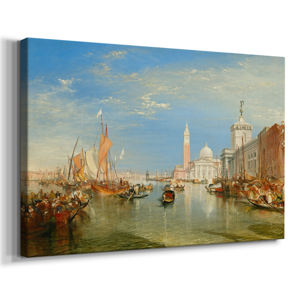 Canvas art print featuring a cityscape with architecture and canal, displayed at an angle