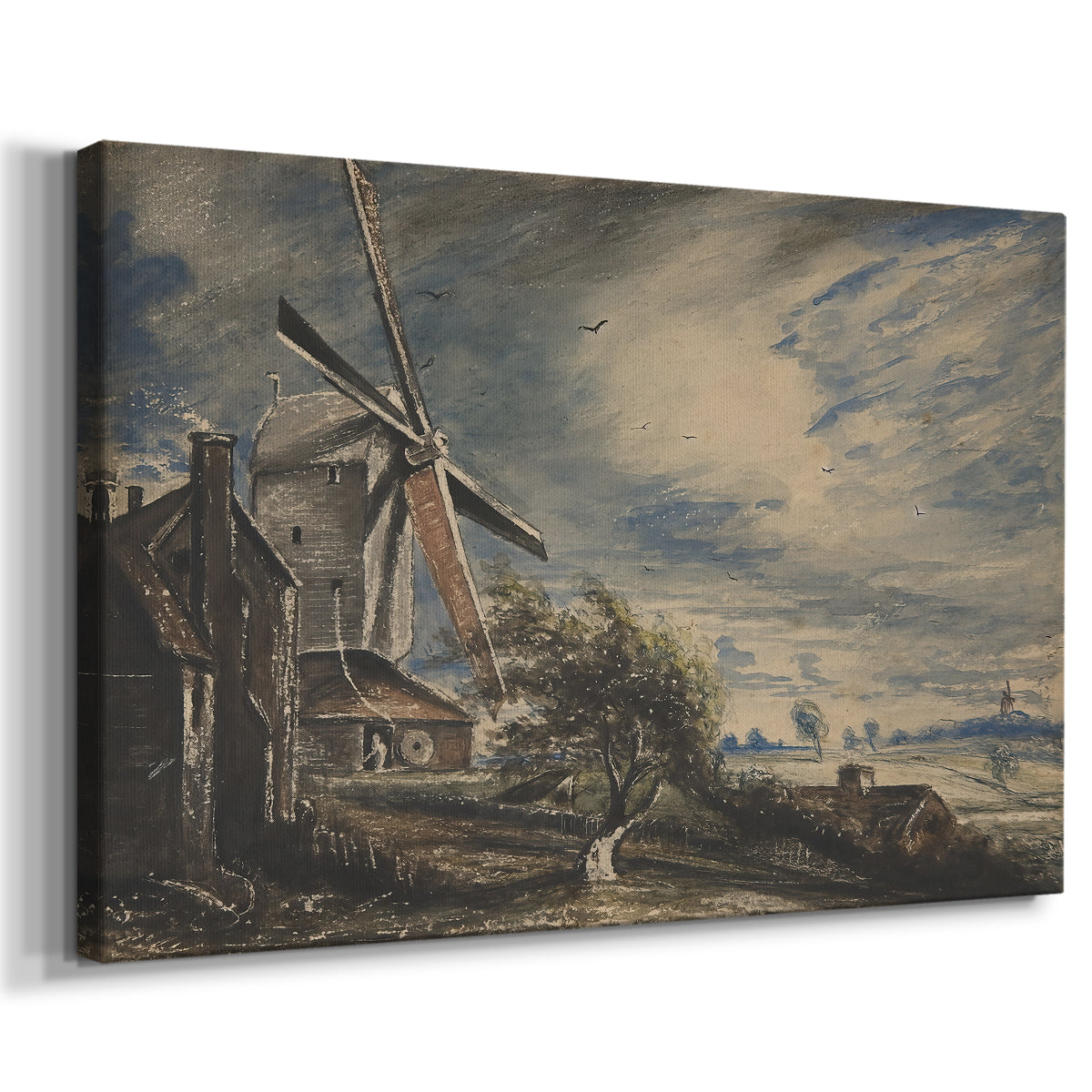 Canvas art print featuring a pastoral scene with mill and countryside, displayed at an angle