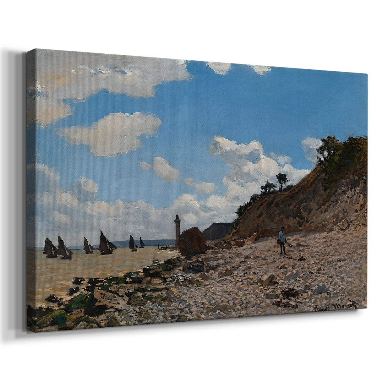 Canvas art print featuring an impressionist seaside with people and sailboats under bright sky, displayed at an angle
