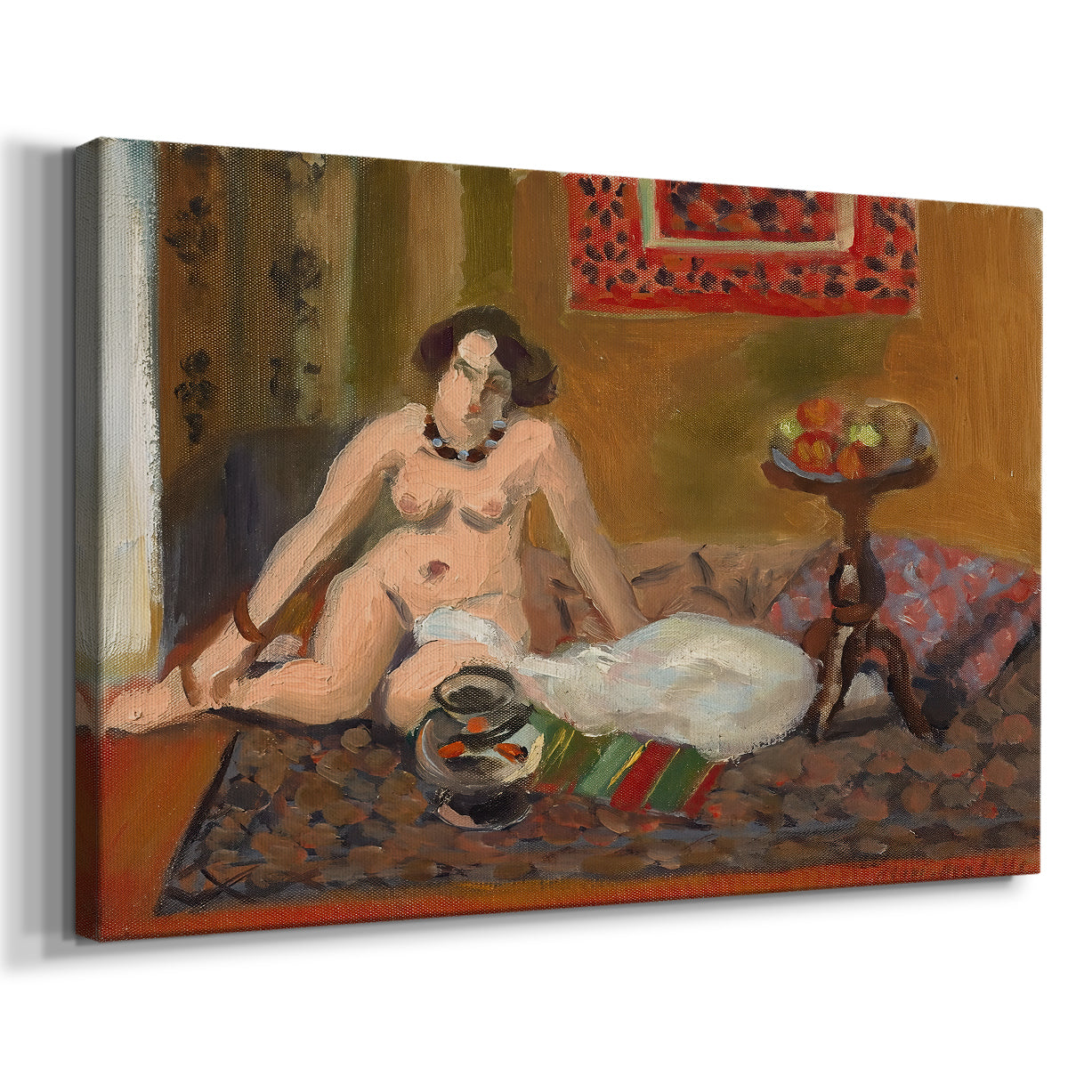 Canvas art print featuring a Fauvist scene with female figure and decorative objects, displayed at an angle