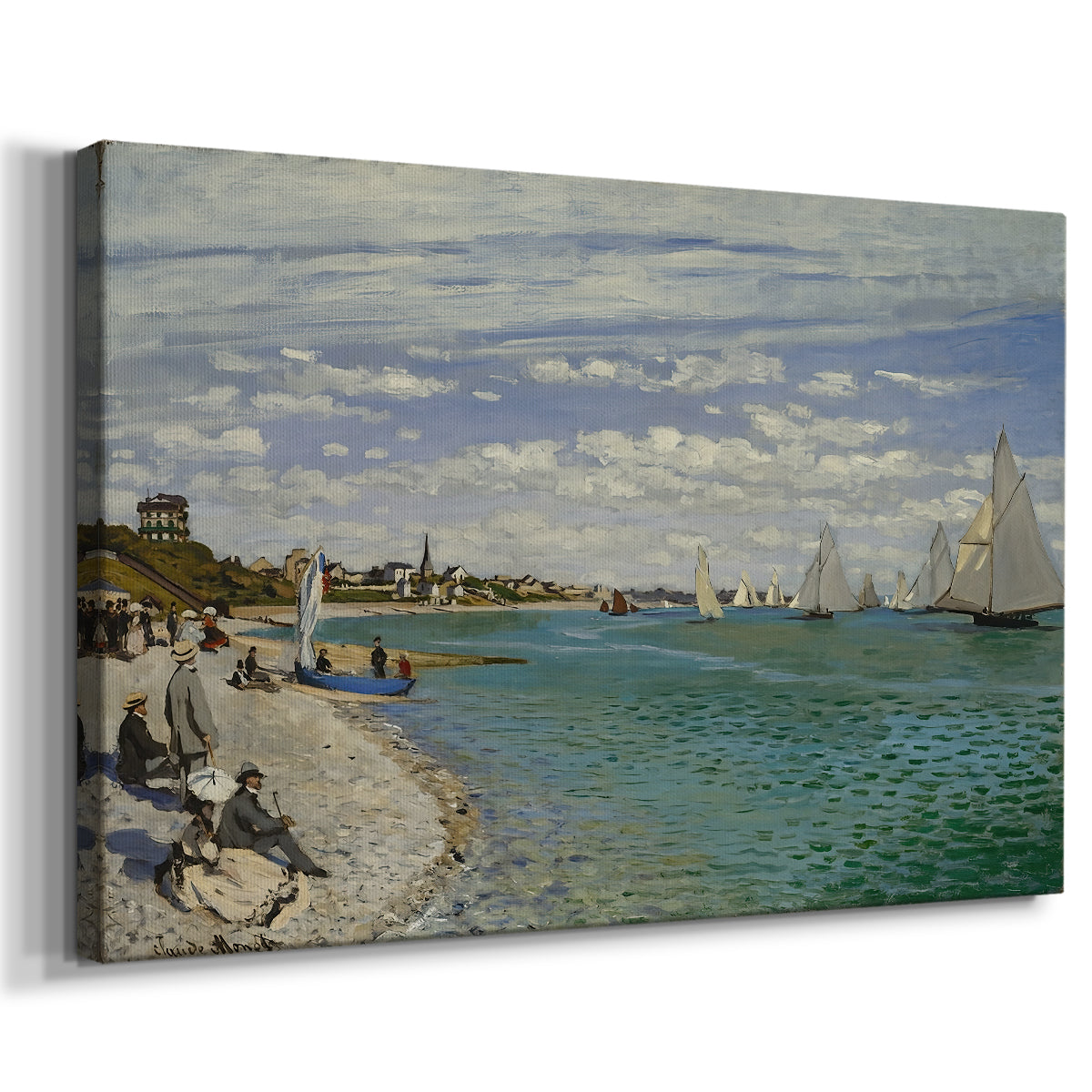 Canvas art print featuring a lively regatta scene with boats and people on beach, displayed at an angle
