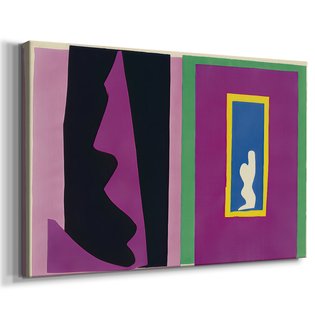 Canvas art print featuring a modernist artwork with layered geometric forms and bold colors, displayed at an angle