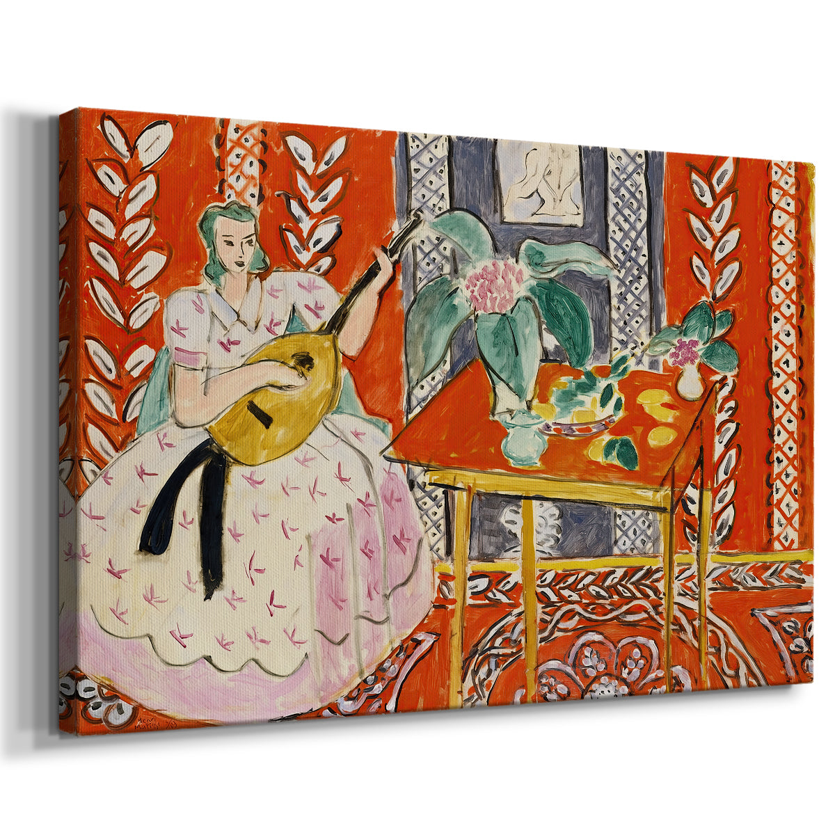 Canvas art print featuring a Fauvist composition combining musician and patterned surroundings, displayed at an angle