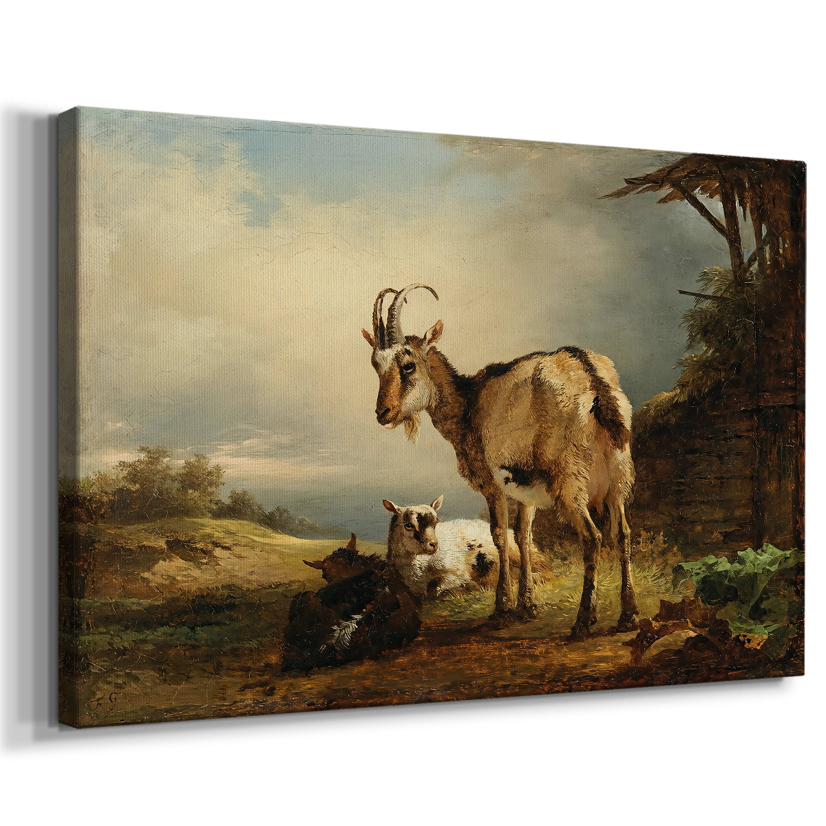 Canvas art print featuring a pastoral animal family scene, displayed at an angle