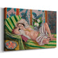Canvas art print featuring a woman lying on patterned textiles in a vivid decorative setting, displayed at an angle