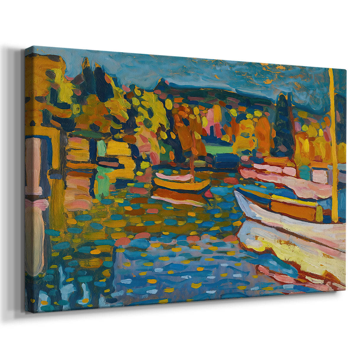 Canvas art print featuring an expressive composition blending water, land, and vessels, displayed at an angle