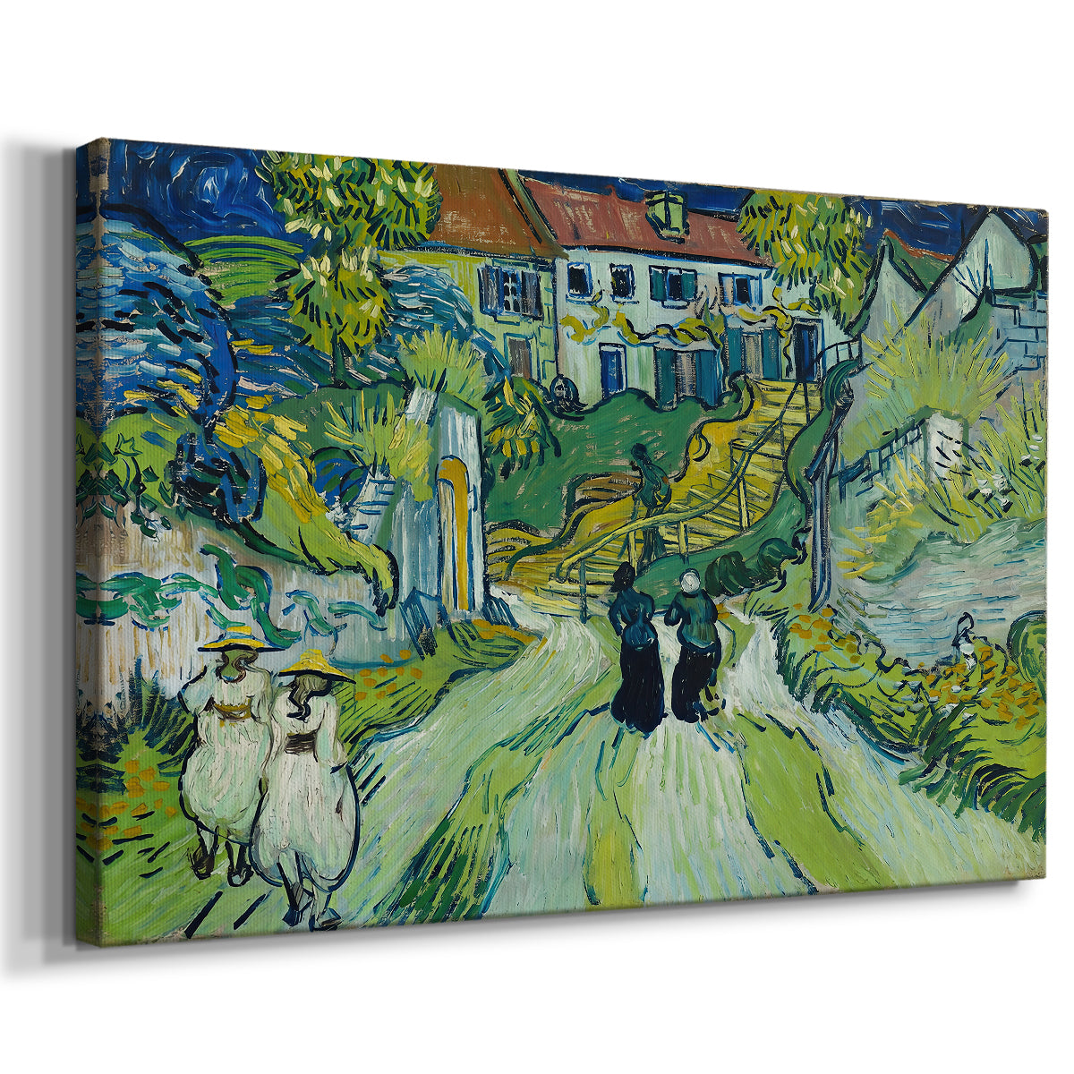 Canvas art print featuring an expressive architectural scene with steps and surrounding structures, displayed at an angle