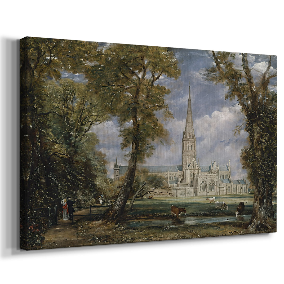 Canvas art print featuring an architectural landmark in countryside, displayed at an angle
