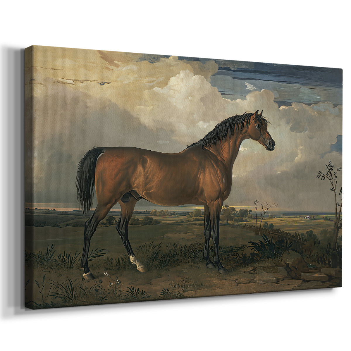 Canvas art print featuring a detailed stallion portrait set in countryside, displayed at an angle