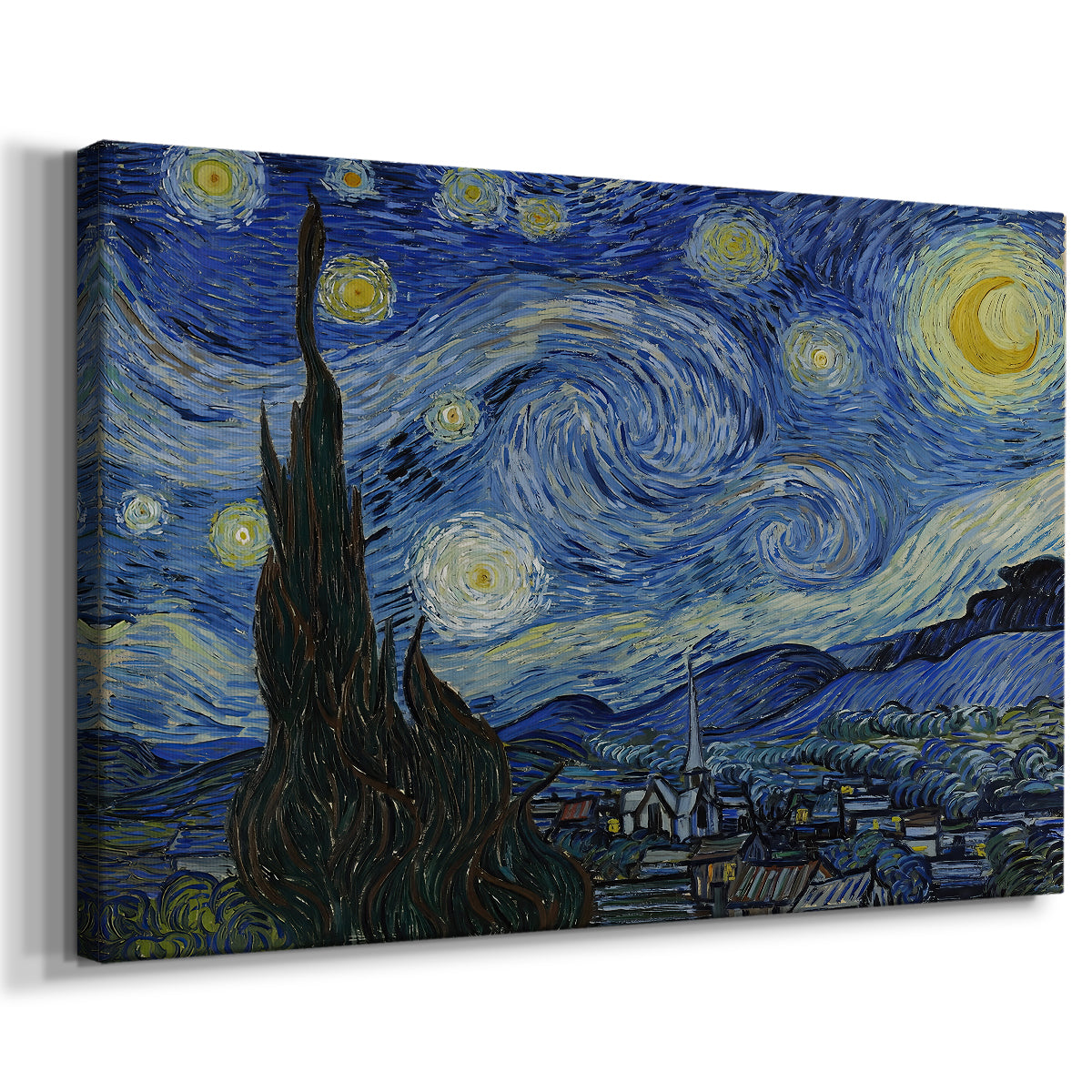 Canvas art print featuring an expressive nocturnal landscape with glowing celestial patterns, displayed at an angle