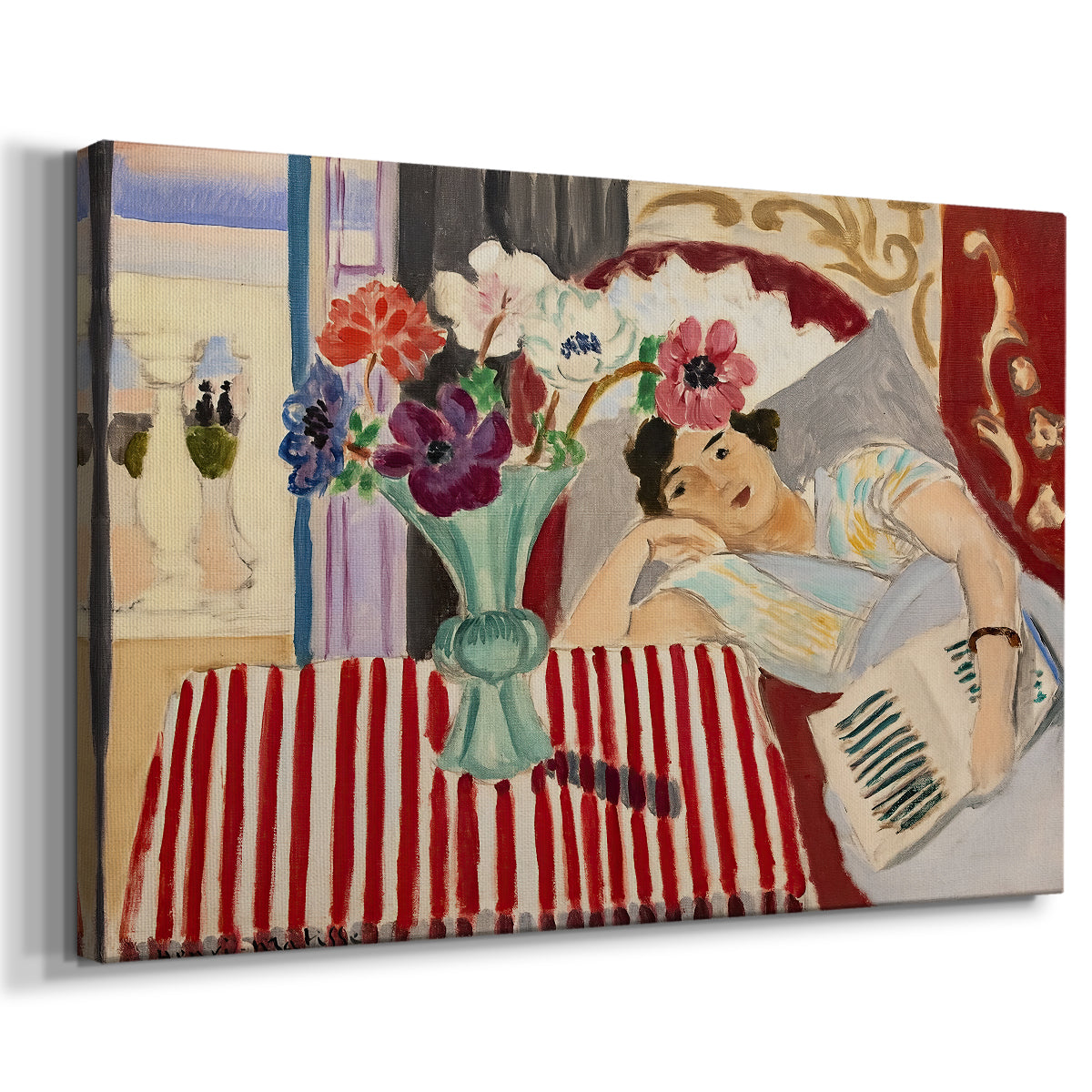 Canvas art print featuring a Fauvist portrait combining female figure and floral arrangement, displayed at an angle