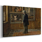 Canvas art print featuring an interior scene of person observing paintings in quiet room, displayed at an angle