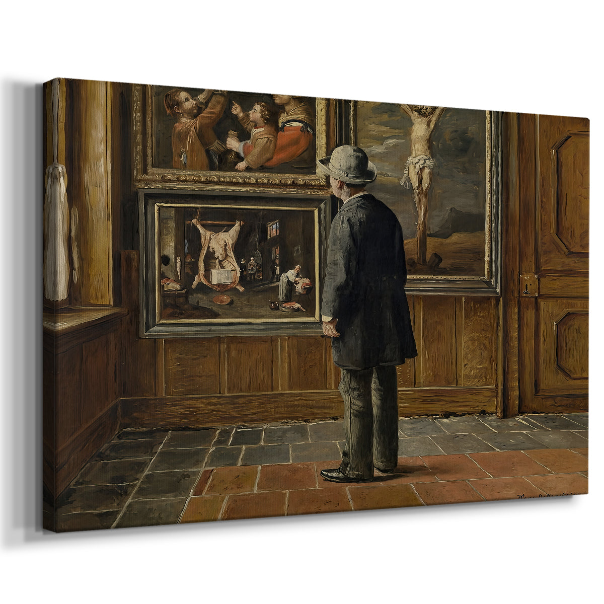 Canvas art print featuring an interior scene of person observing paintings in quiet room, displayed at an angle