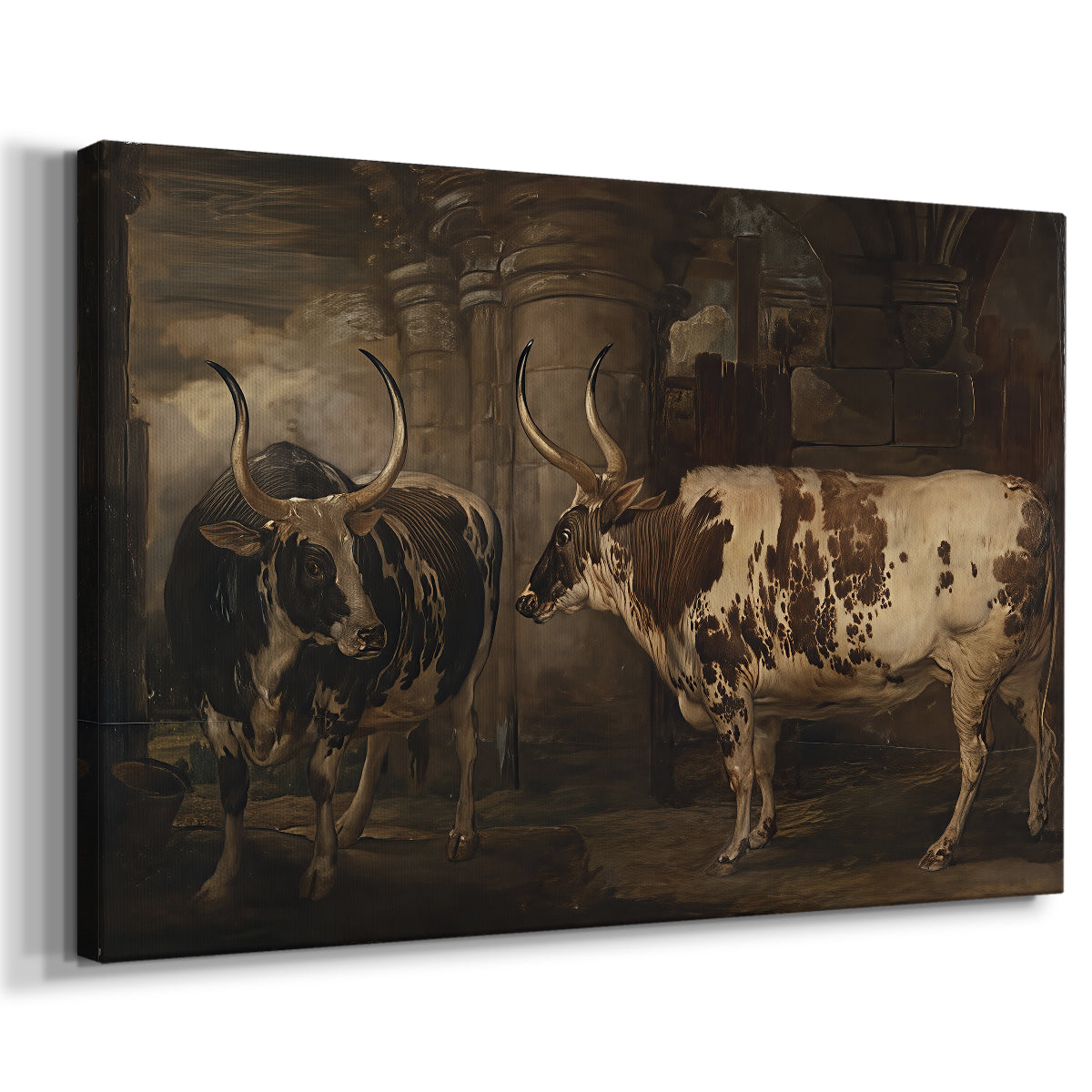 Canvas art print featuring a detailed livestock portrait featuring paired oxen outdoors, displayed at an angle