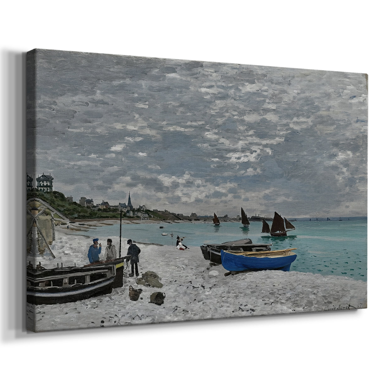 Canvas art print featuring a lively beach scene with people overlooking water and ships, displayed at an angle