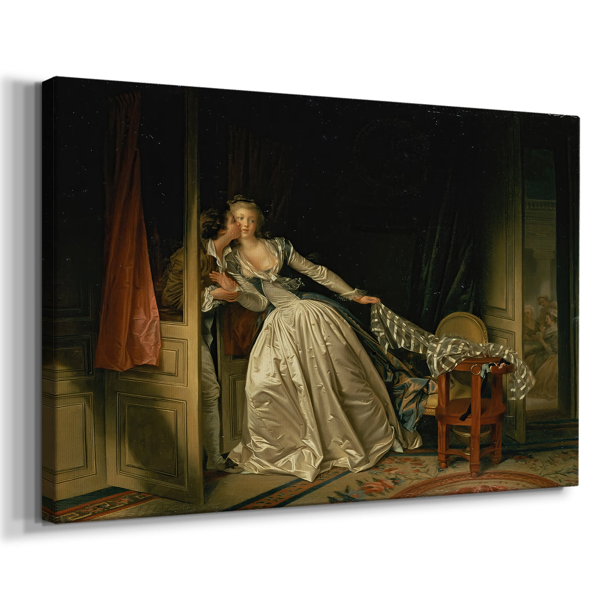 Canvas art print featuring a Rococo depiction of romantic moment in decorated room, displayed at an angle