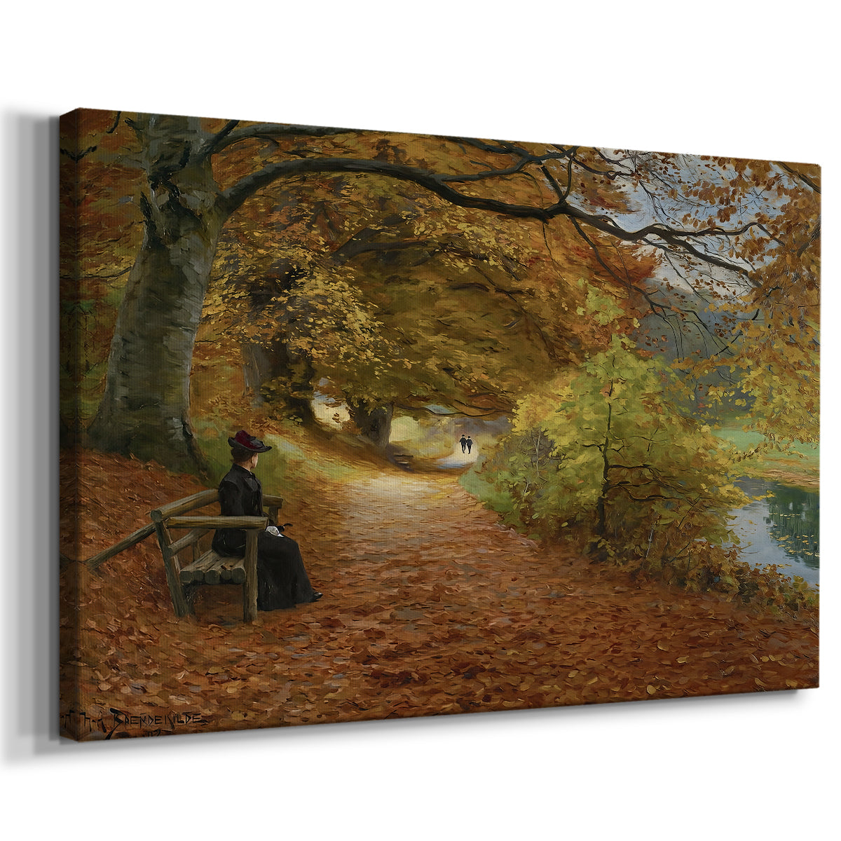 Canvas art print featuring a rustic woodland scene with people moving through fall landscape, displayed at an angle