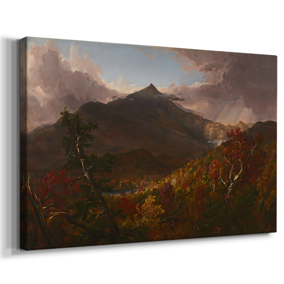 Canvas art print featuring a romantic scene with shifting weather over terrain, displayed at an angle
