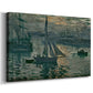 Canvas art print featuring an impressionist seascape with glowing sun and misty water, displayed at an angle