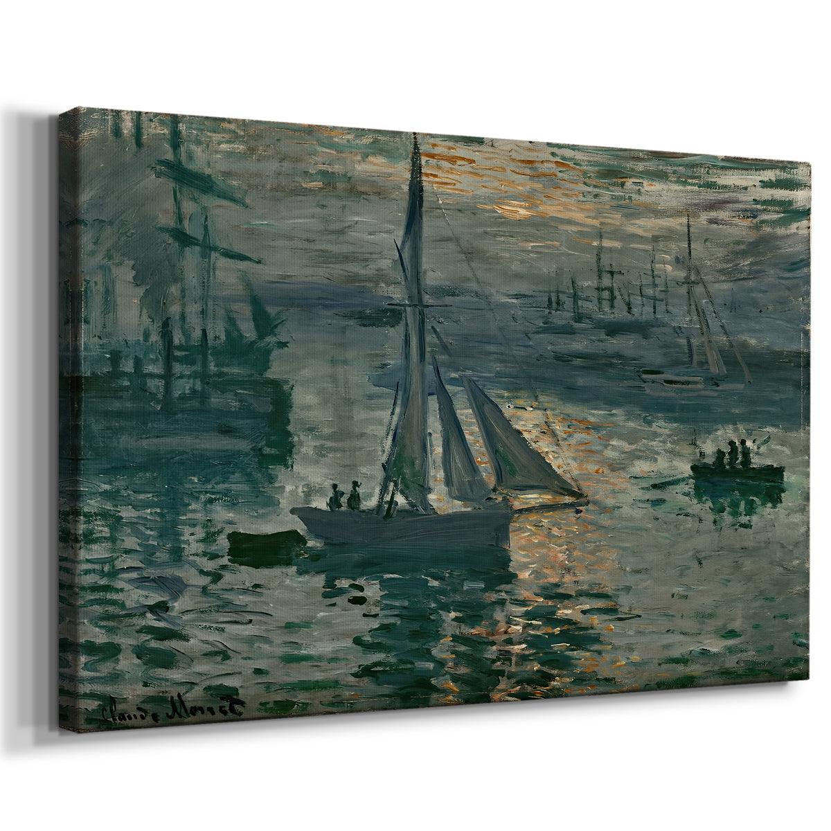 Canvas art print featuring an impressionist seascape with glowing sun and misty water, displayed at an angle