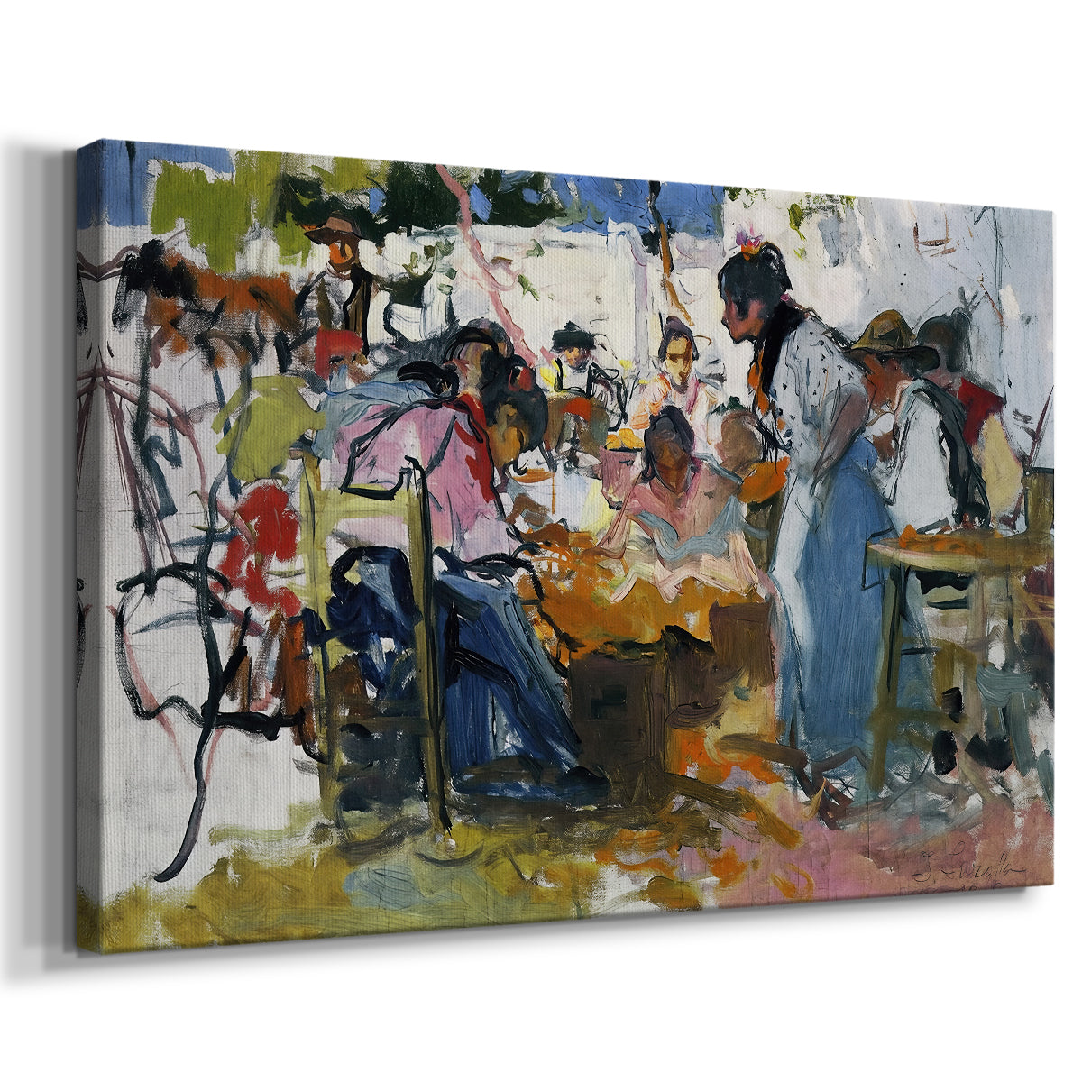 Canvas art print featuring a labor scene with figures handling nets in bright light, displayed at an angle