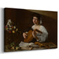 Canvas art print featuring a portrait of lute player surrounded by still life arrangement, displayed at an angle
