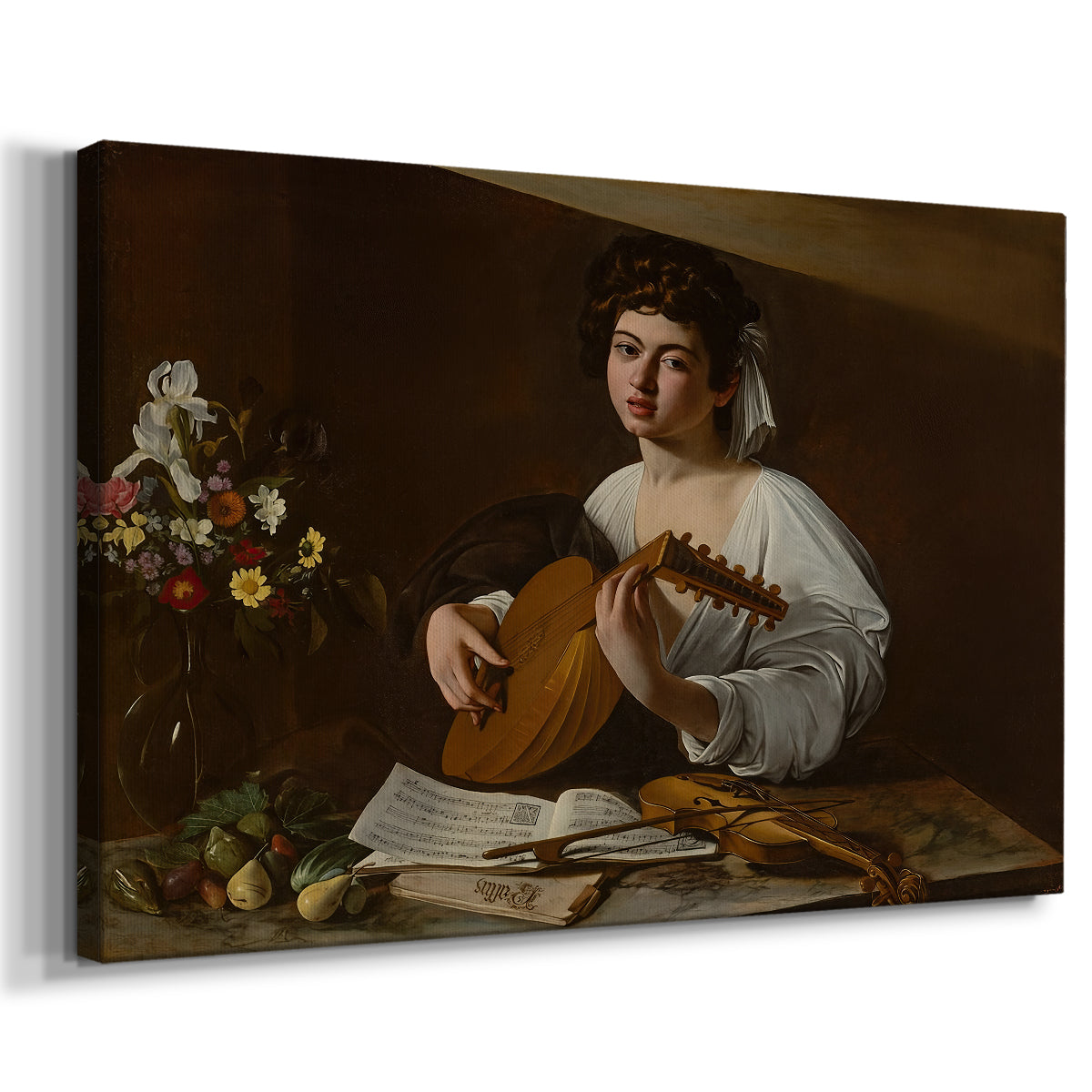 Canvas art print featuring a portrait of lute player surrounded by still life arrangement, displayed at an angle