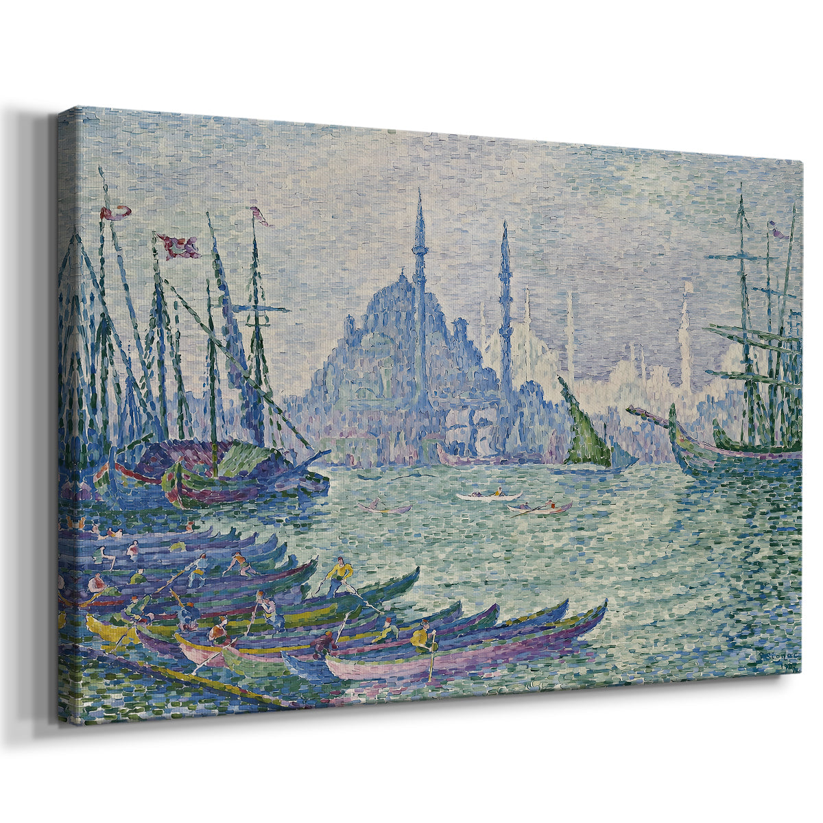 Canvas art print featuring an architectural coastal scene in harbor, displayed at an angle