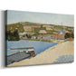 Canvas art print featuring a pointillist scene with riverbank and small town, displayed at an angle