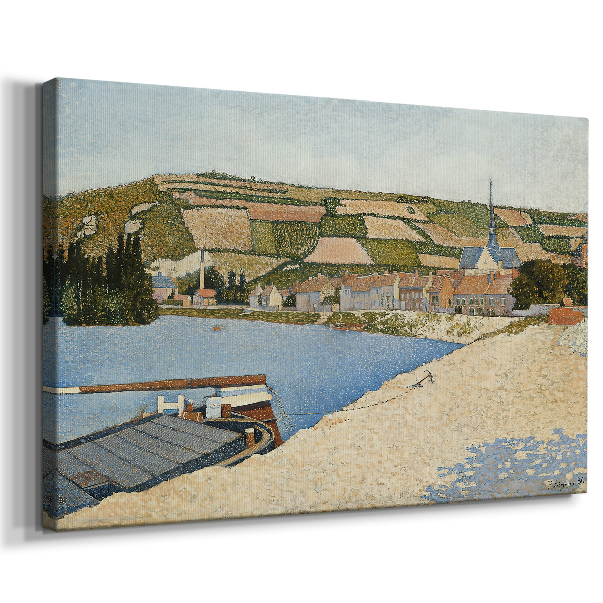 Canvas art print featuring a pointillist scene with riverbank and small town, displayed at an angle