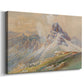 Canvas art print featuring an alpine scene with jagged rock formations and distant mountains, displayed at an angle