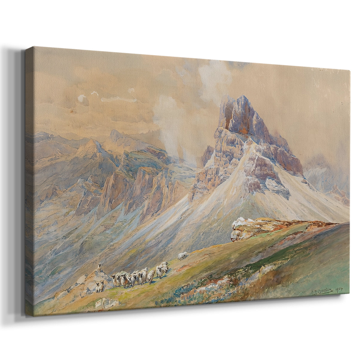 Canvas art print featuring an alpine scene with jagged rock formations and distant mountains, displayed at an angle