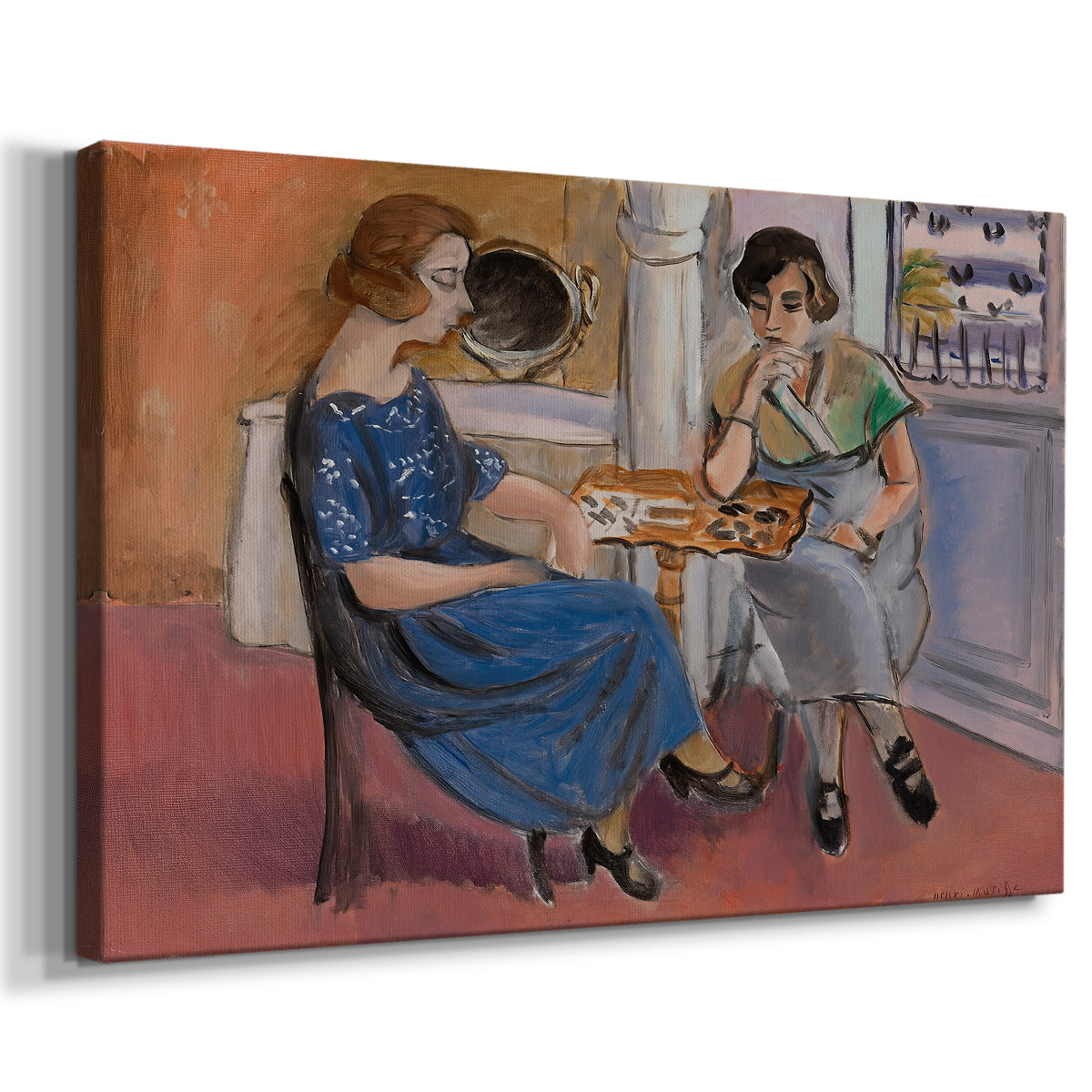 Canvas art print featuring a Fauvist scene of people engaged in a domino game indoors, displayed at an angle