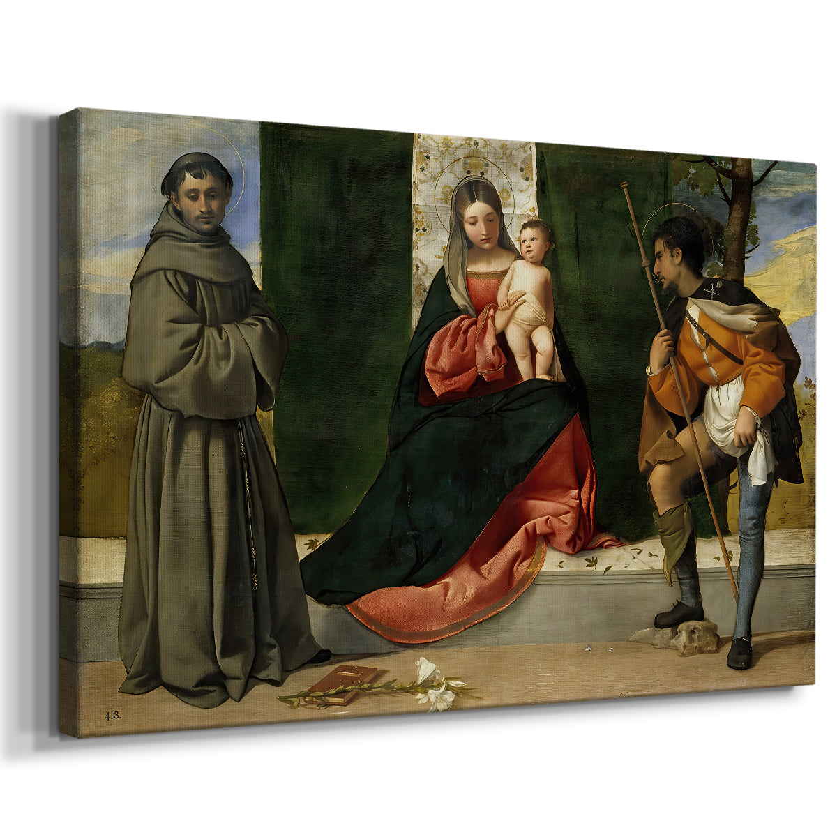 Canvas art print featuring a religious group composition with sacred figures arranged around central pair, displayed at an angle