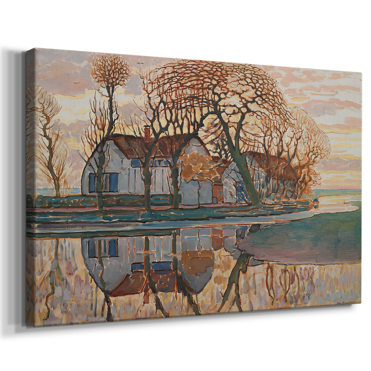 Canvas art print featuring a rural scene with buildings and vegetation in expressive color, displayed at an angle