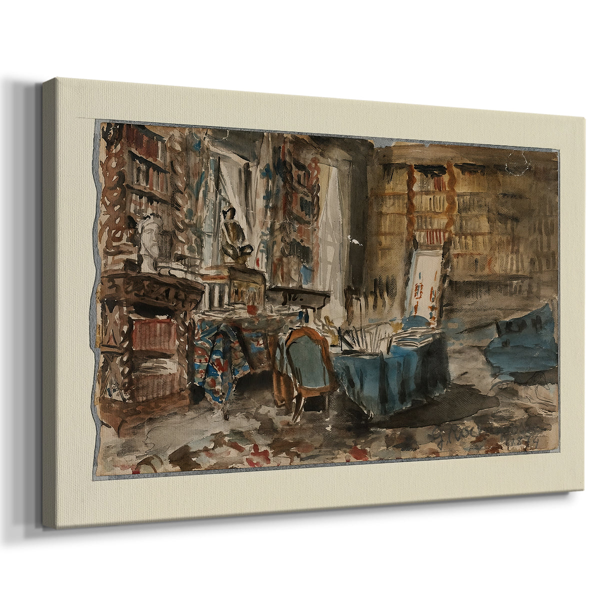 Canvas art print featuring a still life of writer's study with desk and decorative items, displayed at an angle