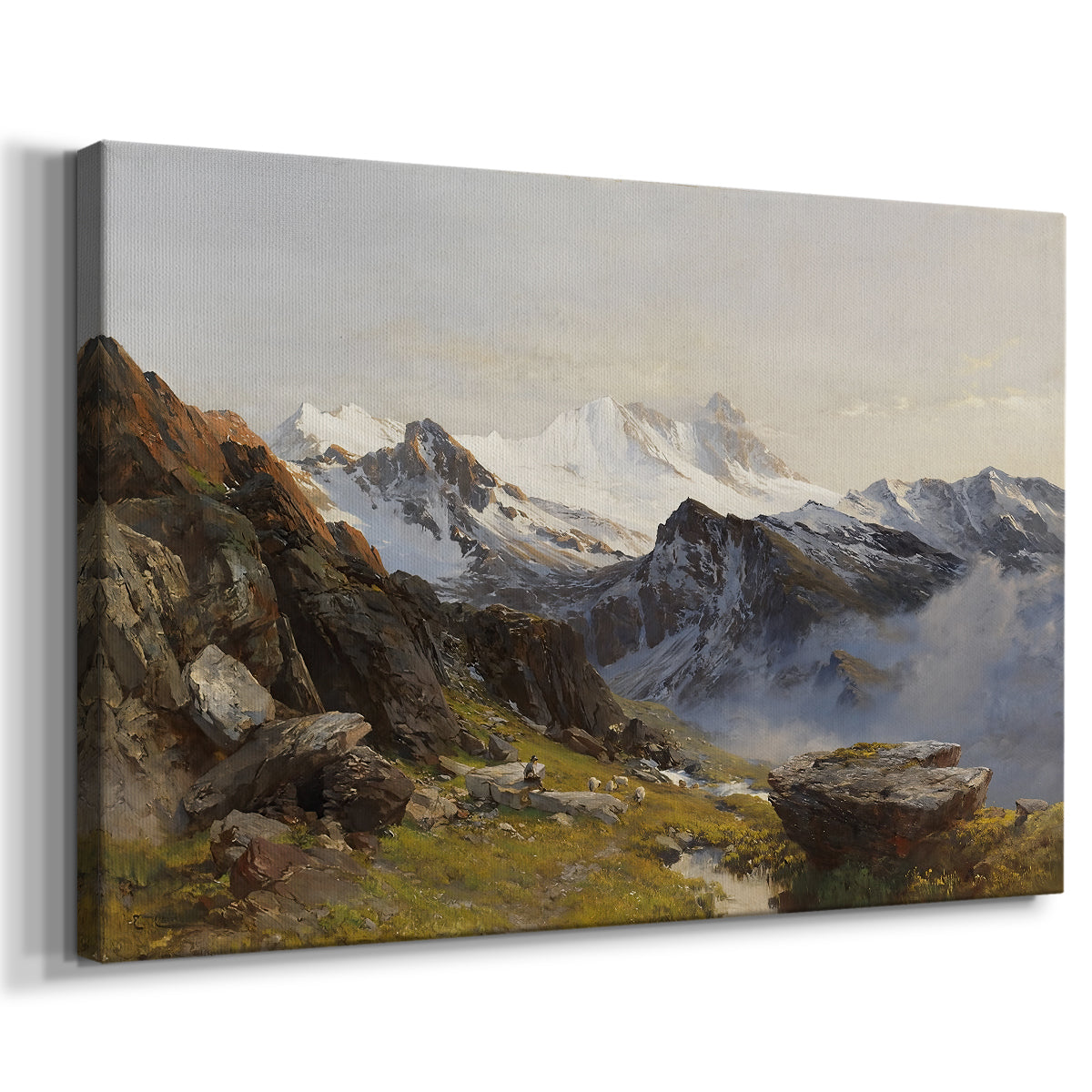Canvas art print featuring a mountain summit seen from elevated viewpoint with surrounding landscape, displayed at an angle