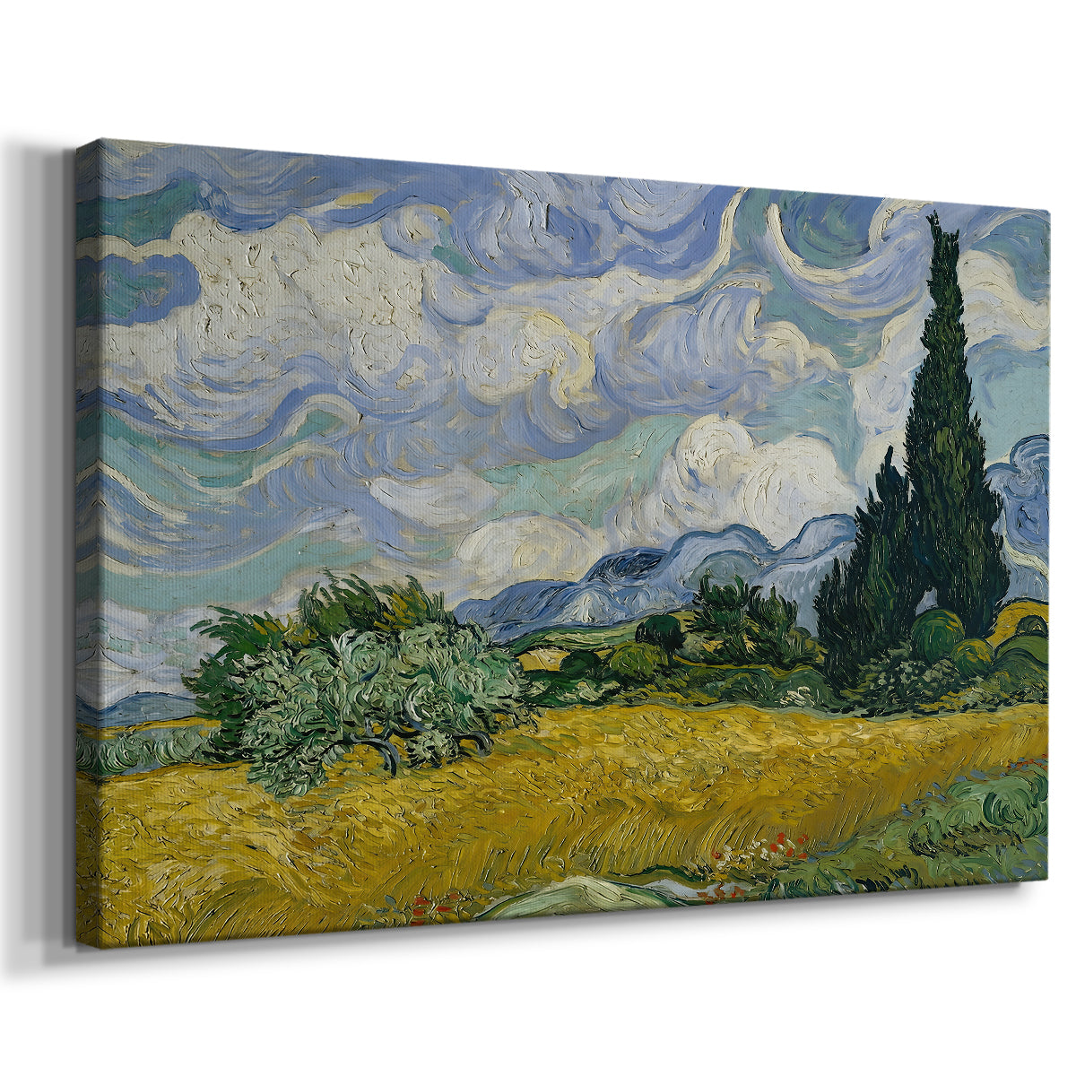 Canvas art print featuring an expressive landscape with strong vertical trees and movement, displayed at an angle