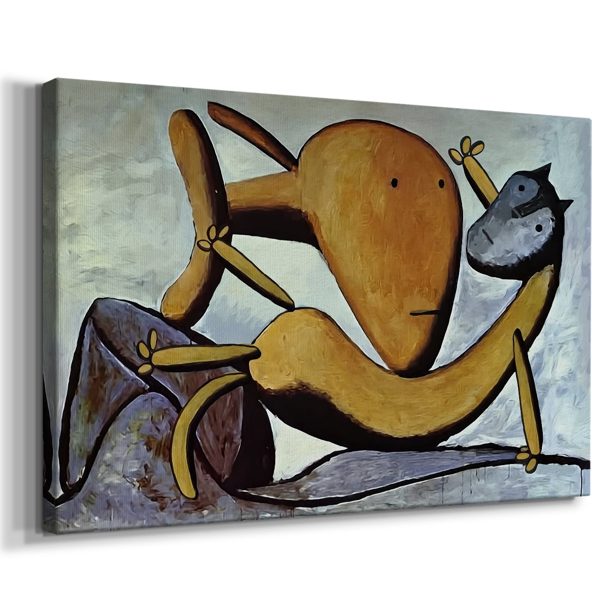 Canvas art print featuring a surreal animal scene with exaggerated forms, displayed at an angle