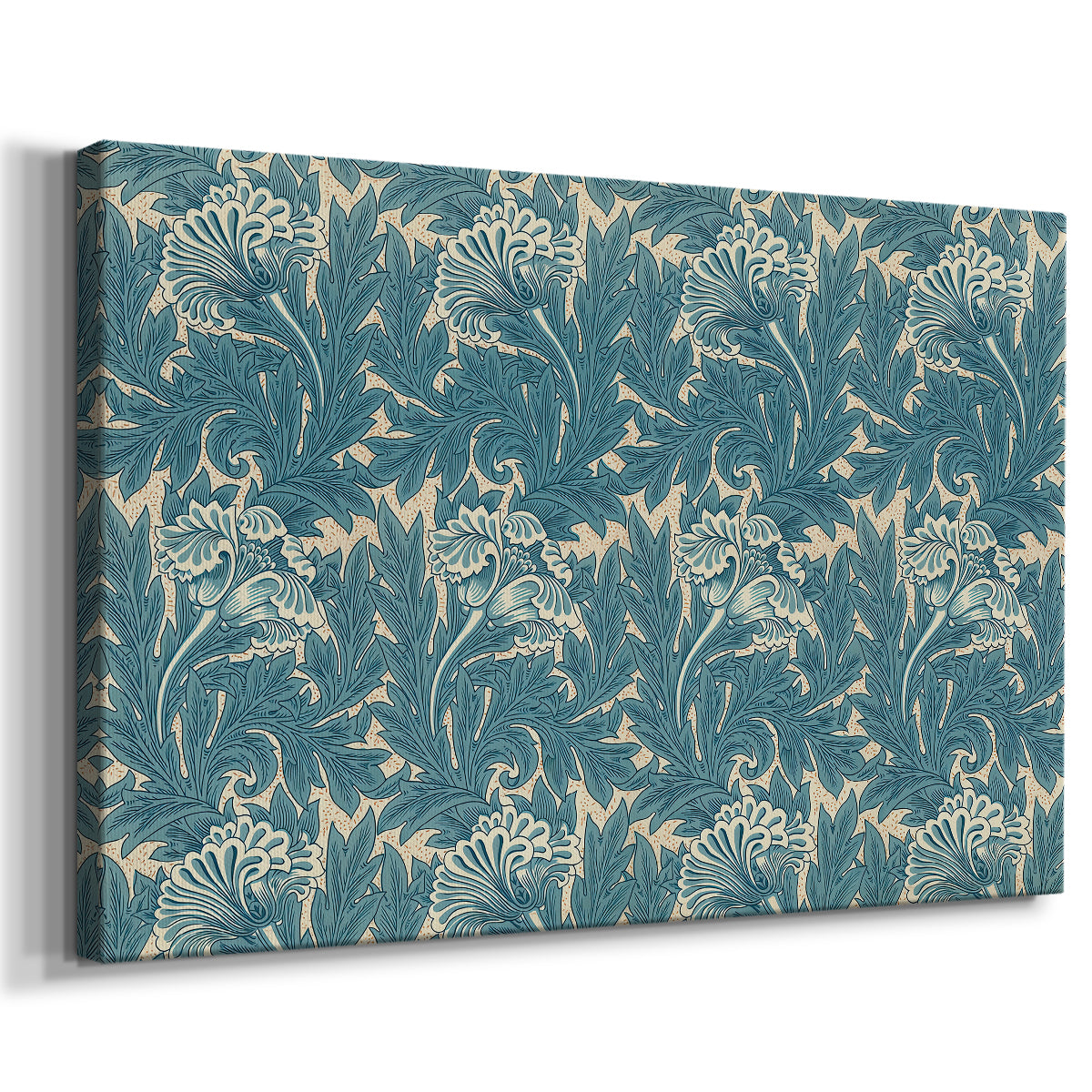 Canvas art print featuring a decorative textile design with stylized flowers and leaves, displayed at an angle