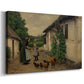 Canvas art print featuring a rural scene with people arriving at home in quiet courtyard, displayed at an angle