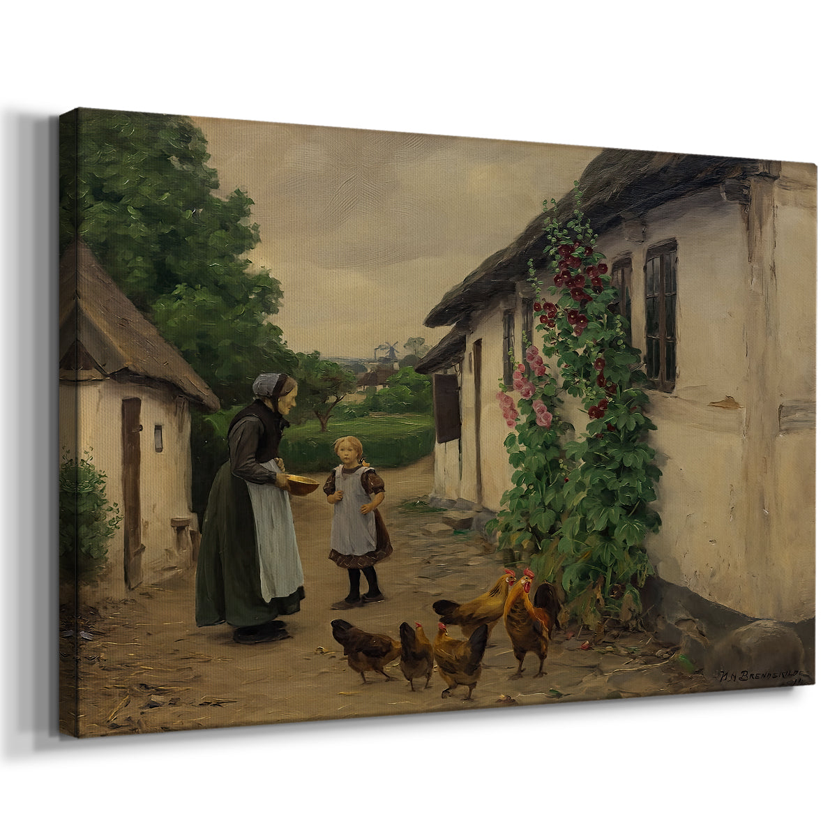 Canvas art print featuring a rural scene with people arriving at home in quiet courtyard, displayed at an angle