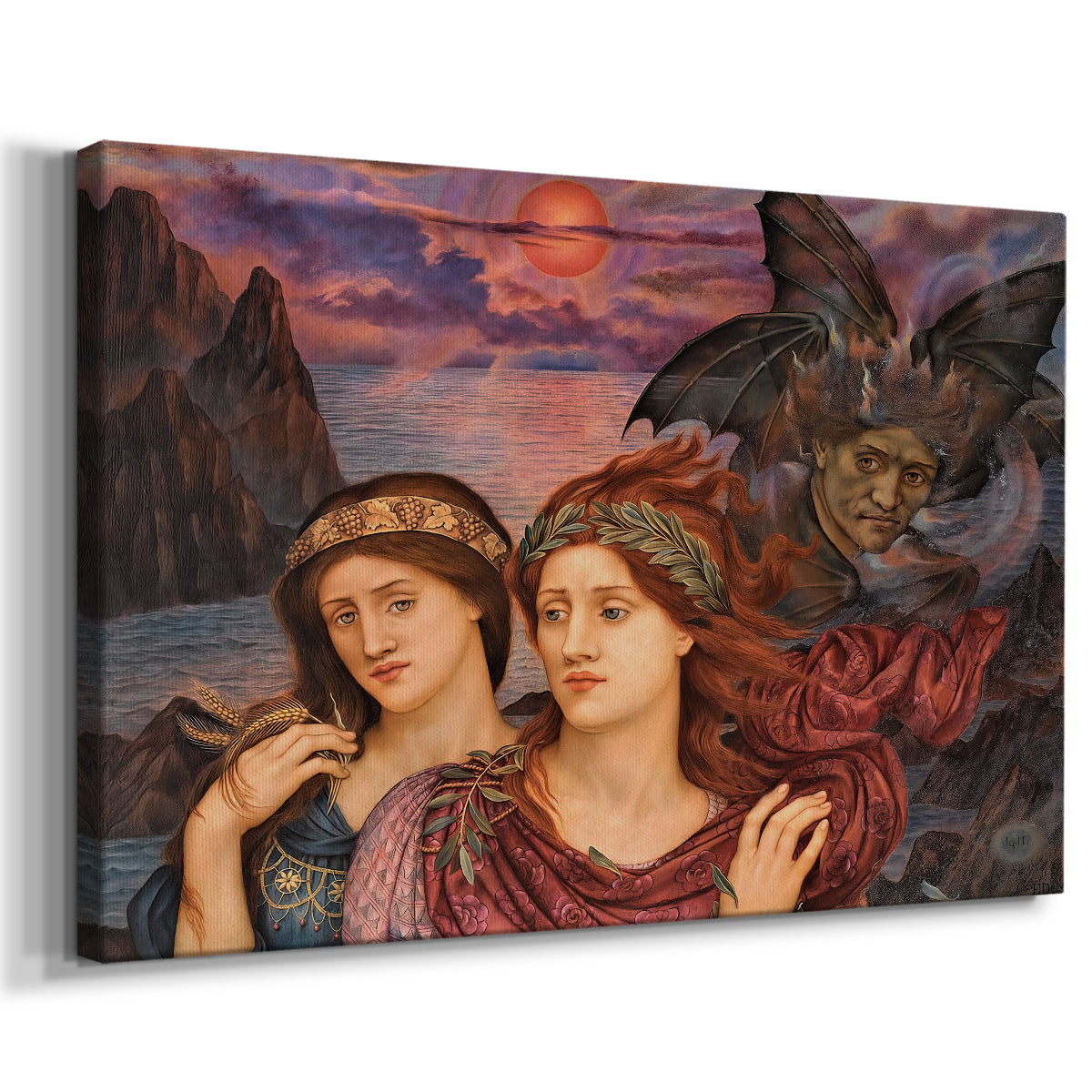 Canvas art print featuring a symbolic portrait of women framed by colorful atmospheric background, displayed at an angle