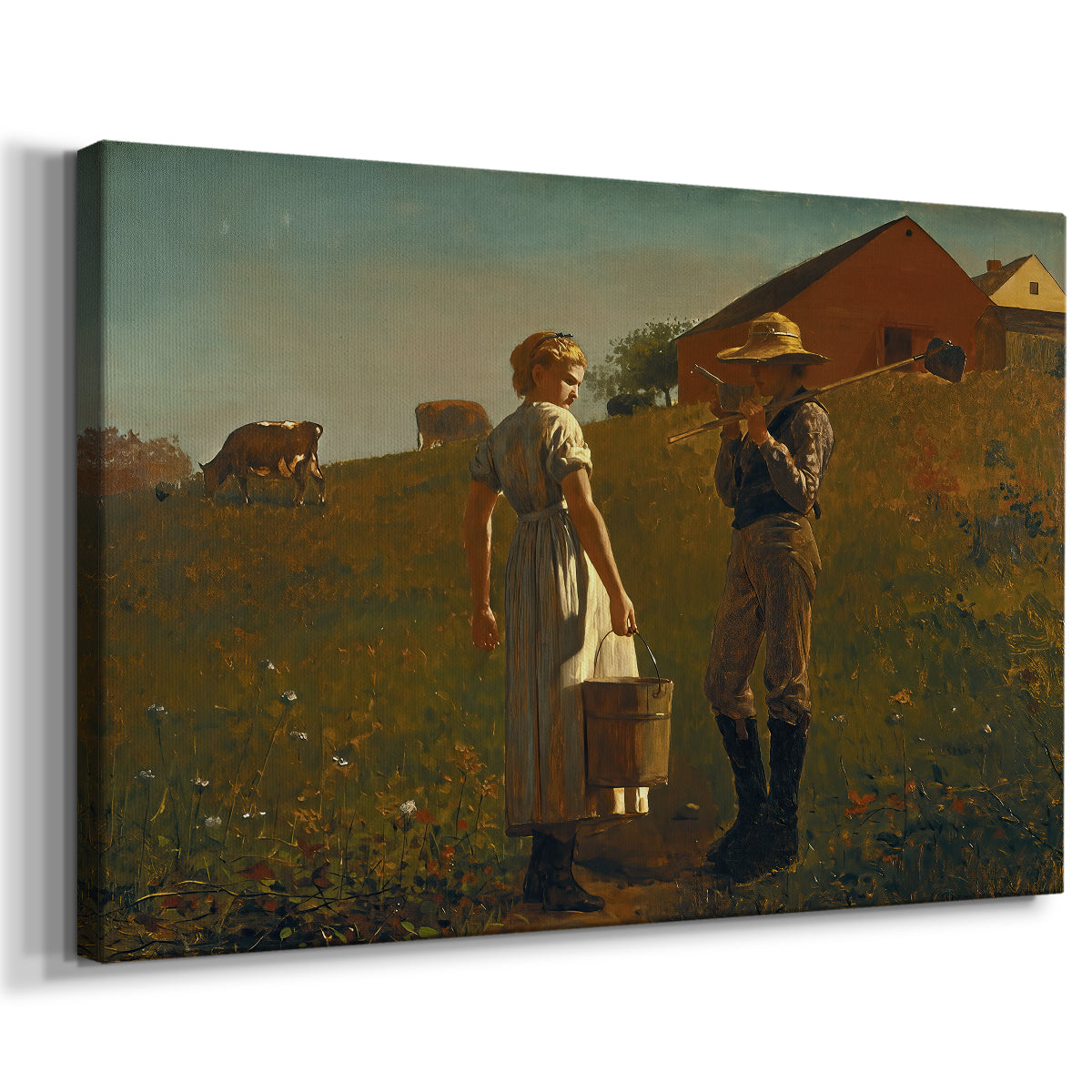 Canvas art print featuring a rural scene with people conversing in grassy landscape, displayed at an angle