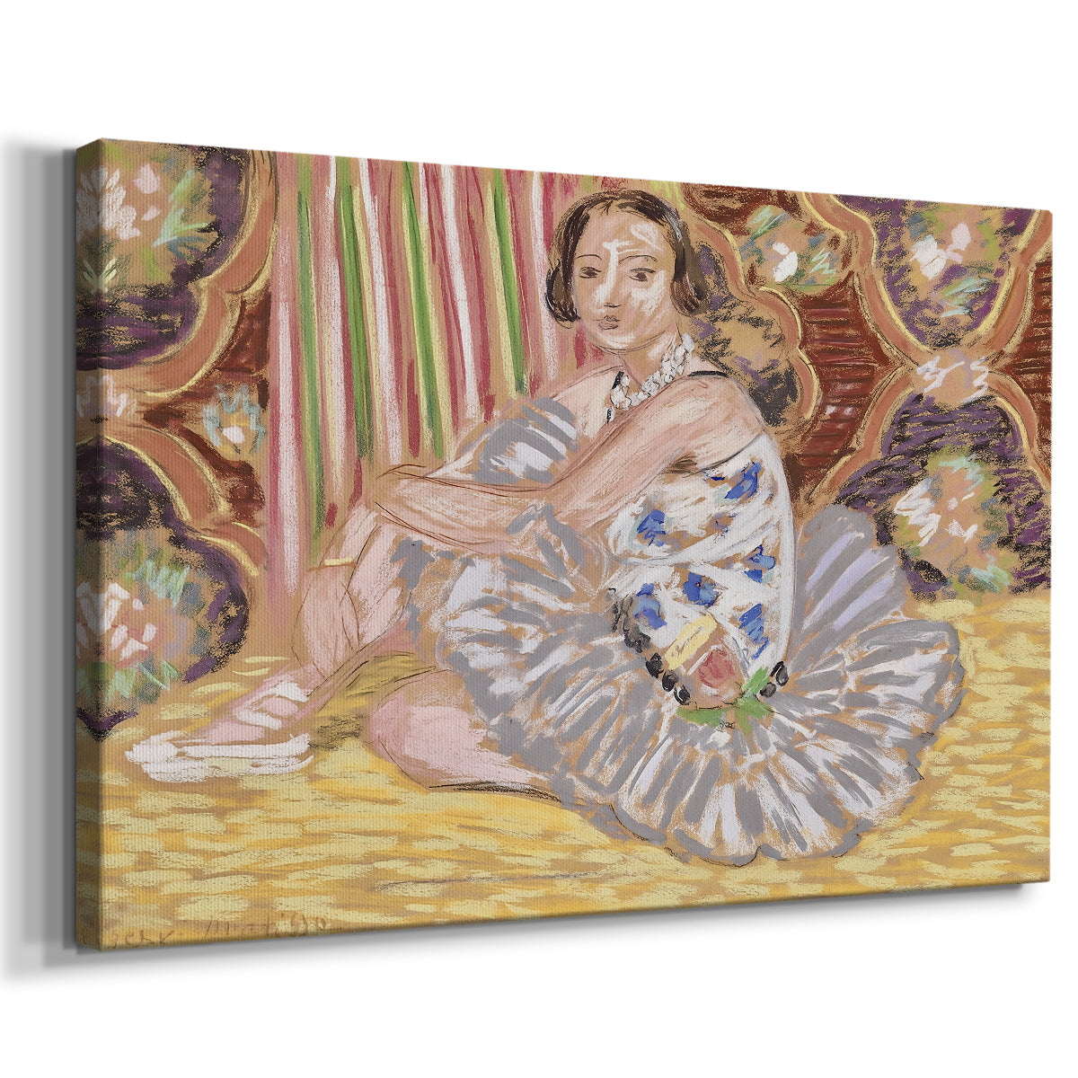 Canvas art print featuring an expressive portrait of a dancer in an ornate setting, displayed at an angle