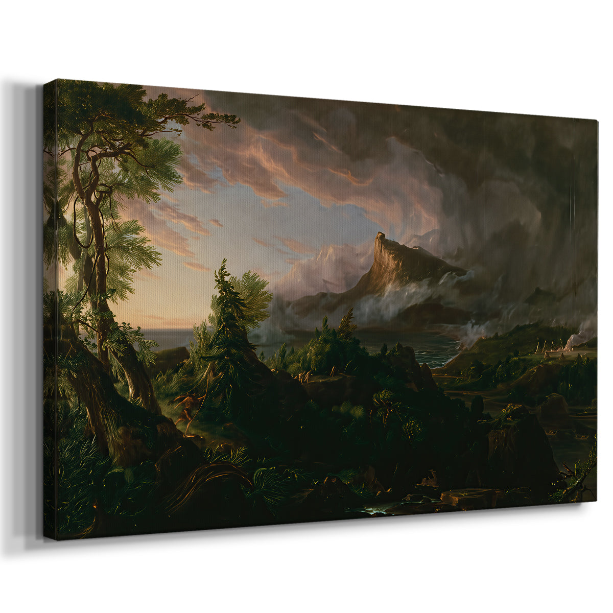 Canvas art print featuring an early civilization scene set within dense natural environment, displayed at an angle
