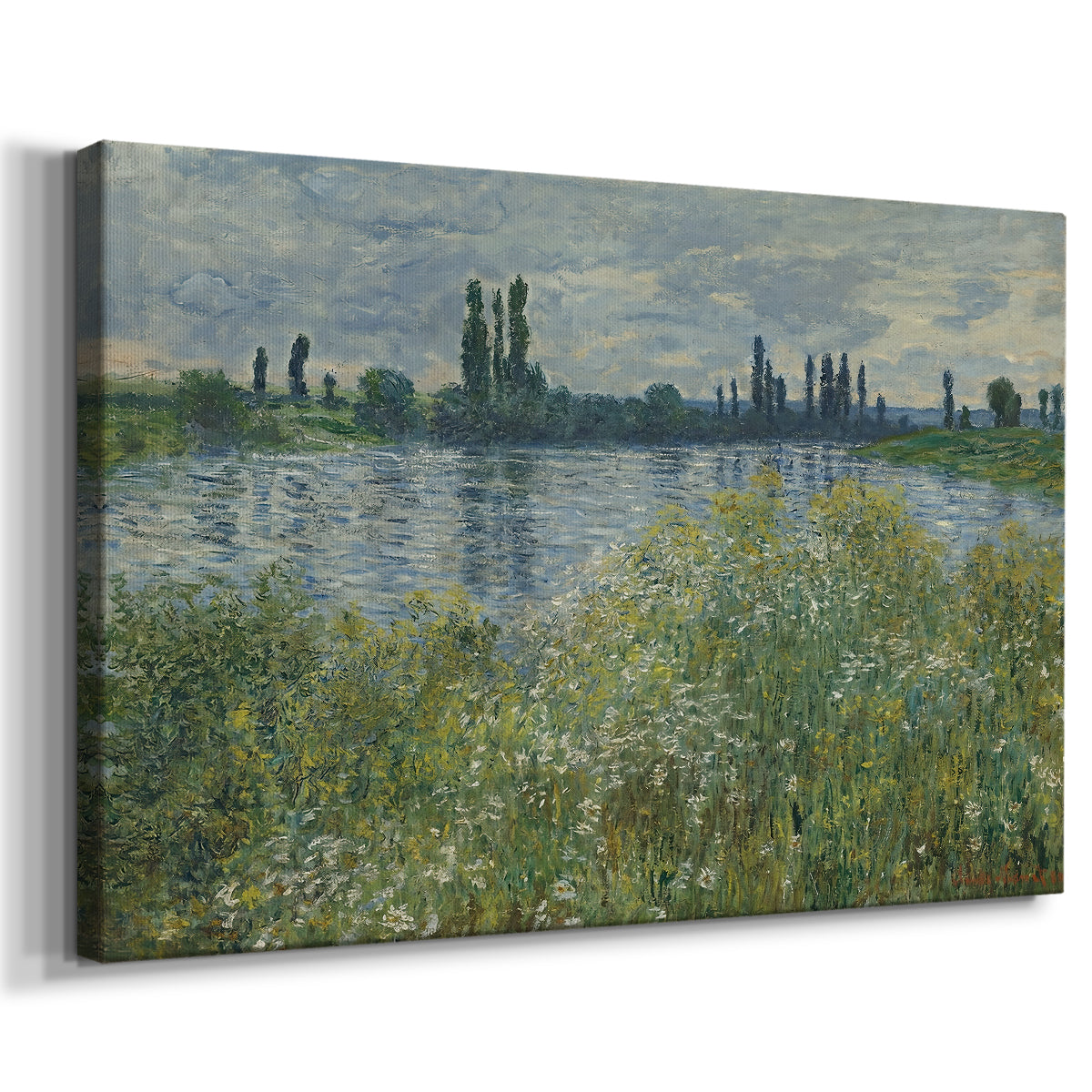 Canvas art print featuring an impressionist view of Seine with reflections and greenery, displayed at an angle