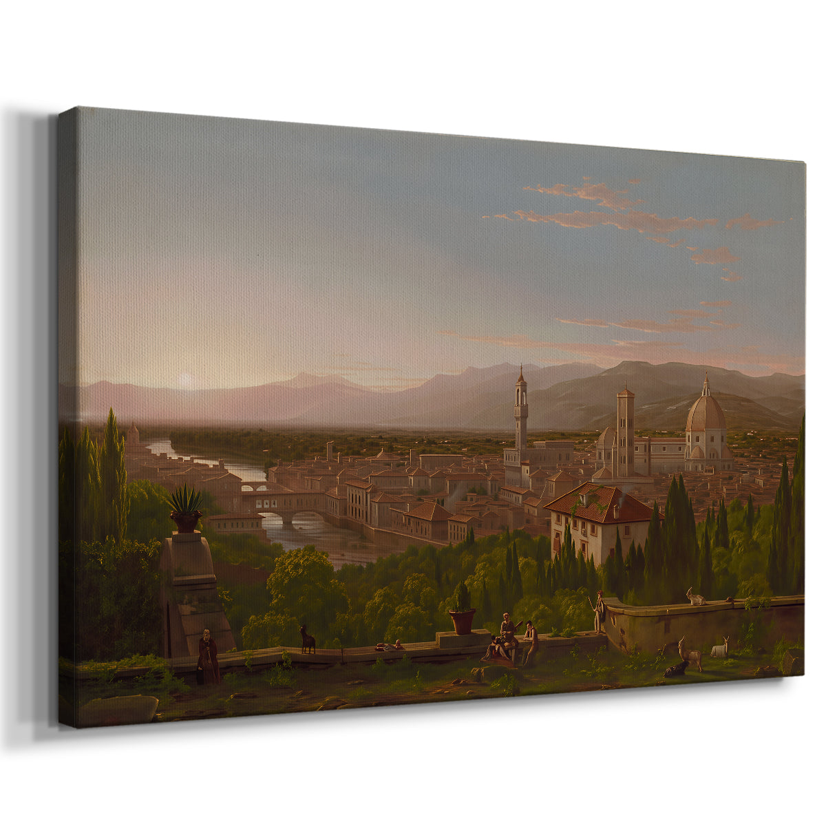 Canvas art print featuring a scenic landscape with architecture and distant horizon, displayed at an angle